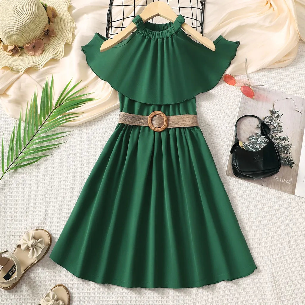 Off Shoulder Belt Green Dress