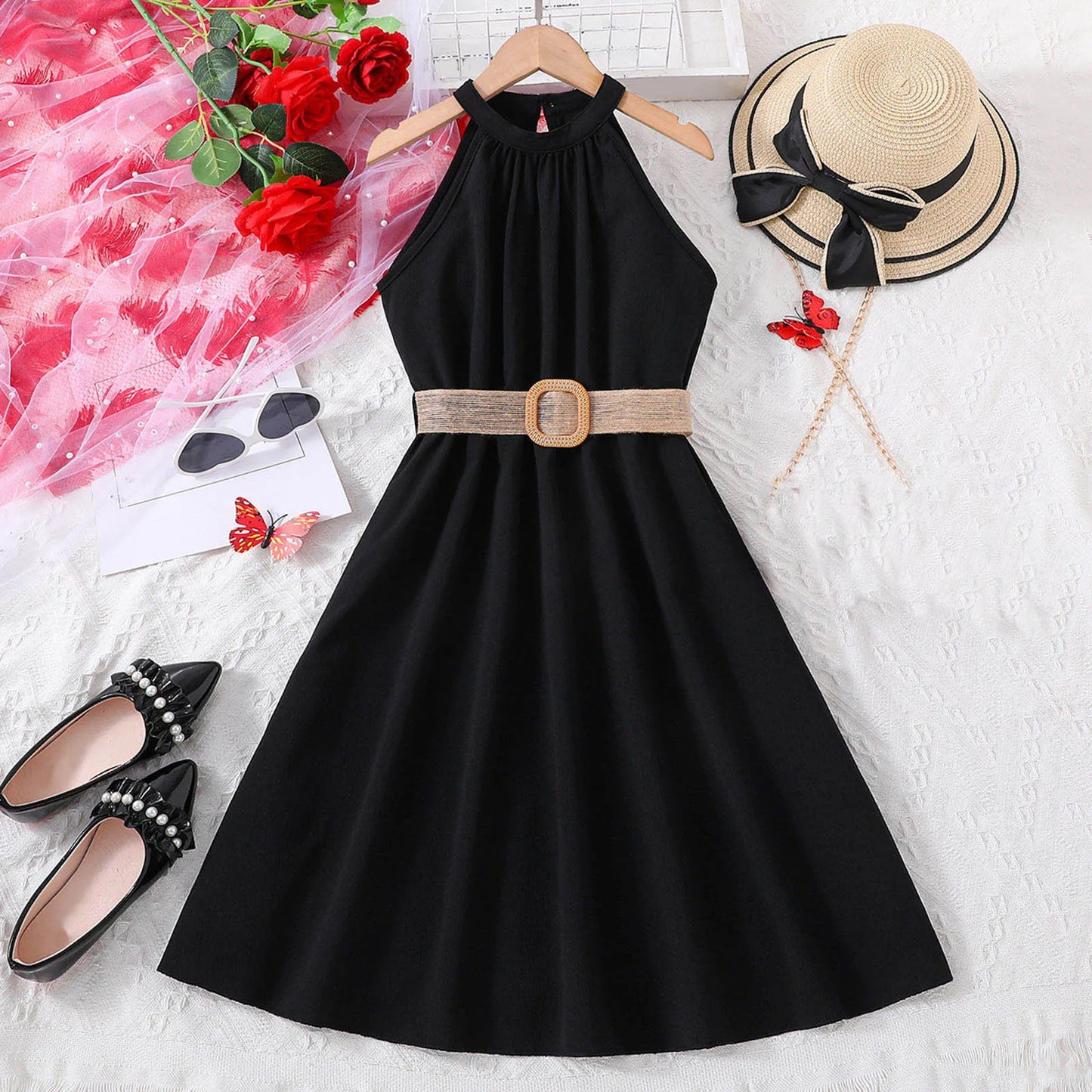 Sleeveless Dress Hanging Neck Belt