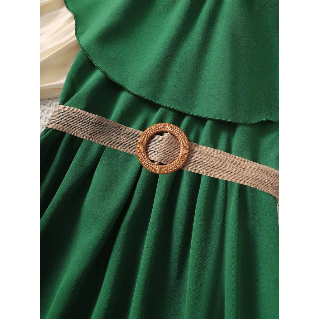 Off Shoulder Belt Green Dress